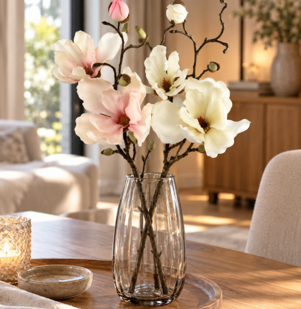 Künstlicher Magnolienzweig 48 cm in Weiß mit Blüten und Knospen