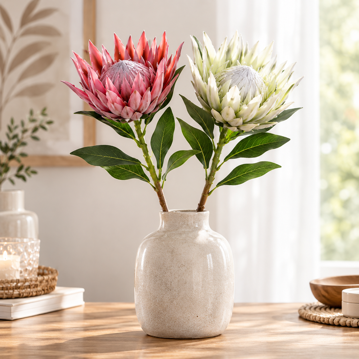 Protea Künstliche Protea 54 cm – Kunstblume in Pink oder Weiß – Bild 1