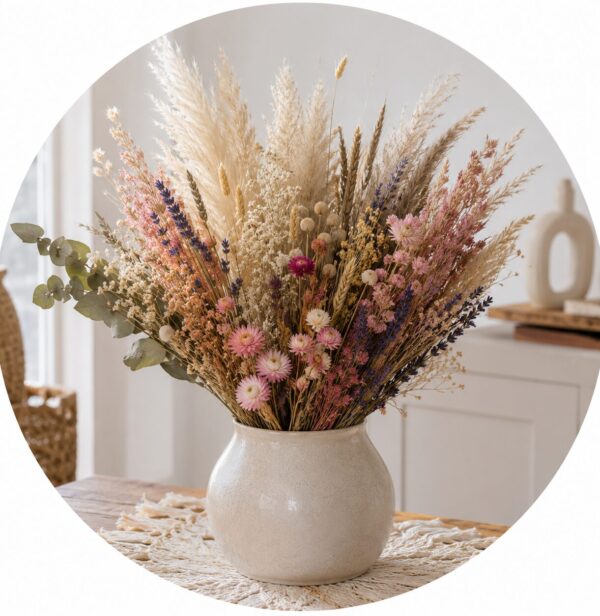 Verschiedene Trockenblumenarten in einer Vase als Inspiration für natürliche Wohn- und Tischdekoration.