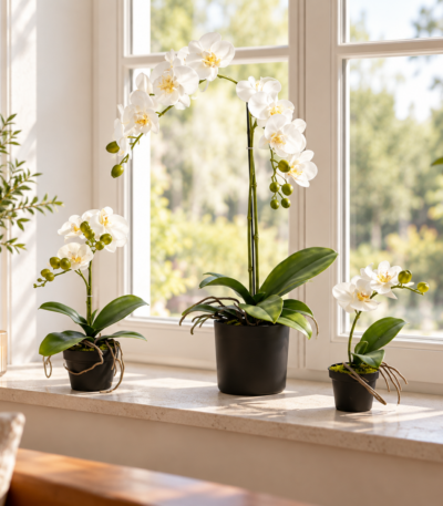 Künstliche weiße Phalaenopsis Orchidee in drei Größen 20 30 und 60 cm zur Auswahl
