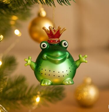 Weihnachtskugel - Zauberhafter Froschkönig mit Glitzer Krone aus Glas - 11x6.5x10.5 cm