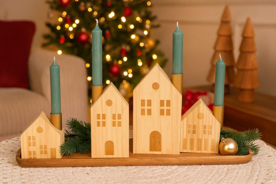 Kerzenhalter Häuserzeile - Kerzenhalter aus Holz für stimmungsvolle Weihnachtsdekoration