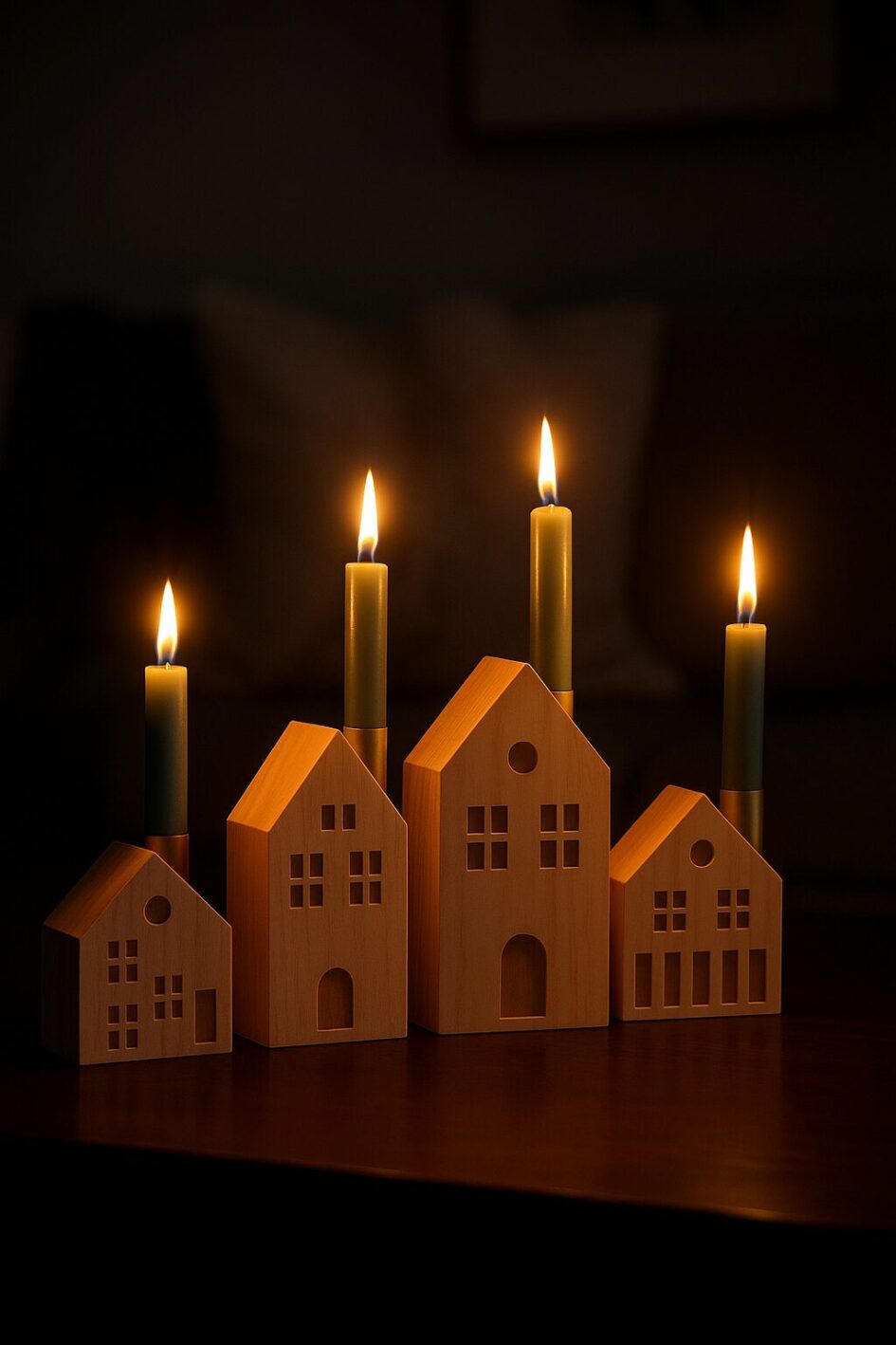 Kerzenhalter Häuserzeile - Kerzenhalter aus Holz für stimmungsvolle Weihnachtsdekoration