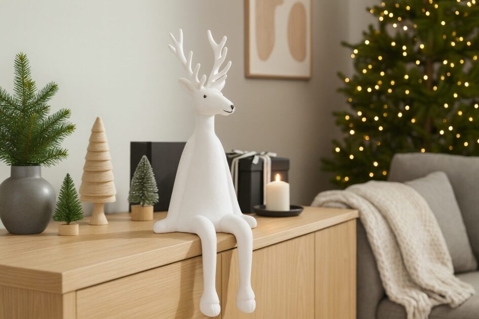 Weißer Hirsch beflockt, Kantenhocker Elch – Rentierfigur samtig - Weihnachtsdeko Modern- 2 Größen