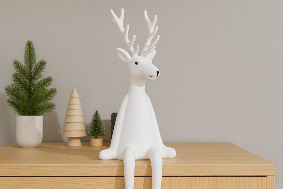 Weißer Hirsch beflockt, Kantenhocker Elch – Rentierfigur samtig - Weihnachtsdeko Modern- 2 Größen