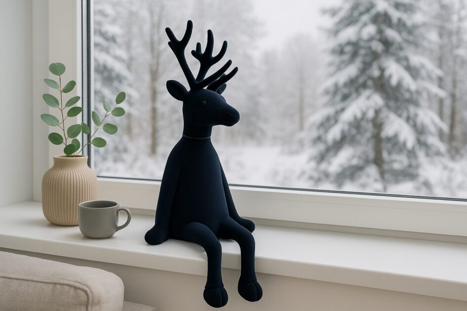 Schwarzer Hirsch beflockt - Kantenhocker Elch – Rentierfigur samtig - Weihnachtsdeko Modern - 2 Größen
