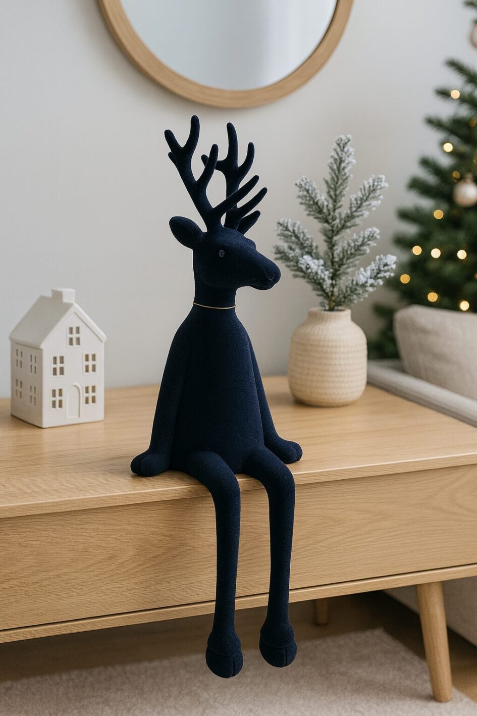 Schwarzer Hirsch beflockt - Kantenhocker Elch – Rentierfigur samtig - Weihnachtsdeko Modern - 2 Größen