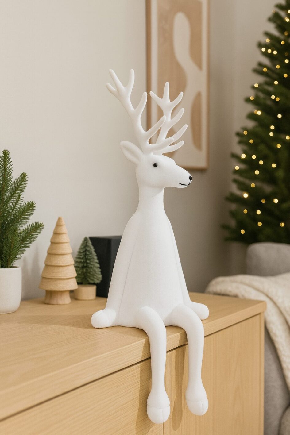 Weißer Hirsch beflockt, Kantenhocker Elch – Rentierfigur samtig - Weihnachtsdeko Modern- 2 Größen