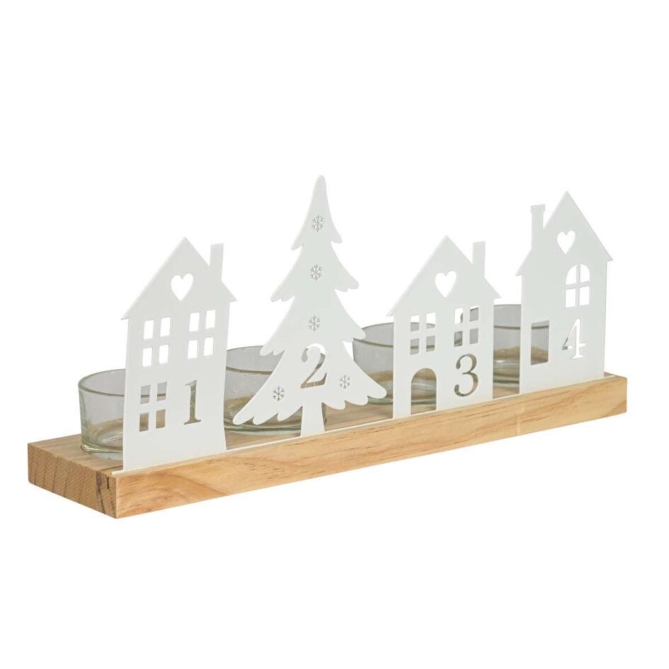 Teelichthalter Advent, natur-weiß Holz/Metall, L29x7x13 cm - Stimmungsvolle Weihnachtsdekoration für gemütliche Abende