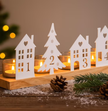 Teelichthalter Advent, natur-weiß Holz/Metall, L29x7x13 cm - Stimmungsvolle Weihnachtsdekoration für gemütliche Abende