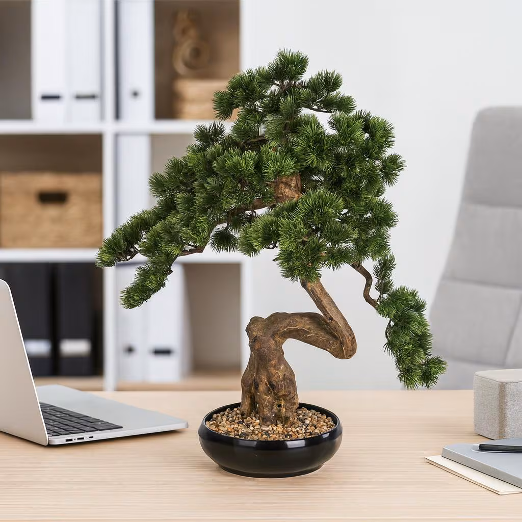 il_fullxfull.7147907032_oanx Künstlicher Bonsai Baum 76 cm hoch mit grünem Nadelwerk und geschwungenem Stamm im schwarzen Topf