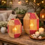 Rattan lantern boho style - garden lantern & patio decoration in pink/cream - 2 sizes
