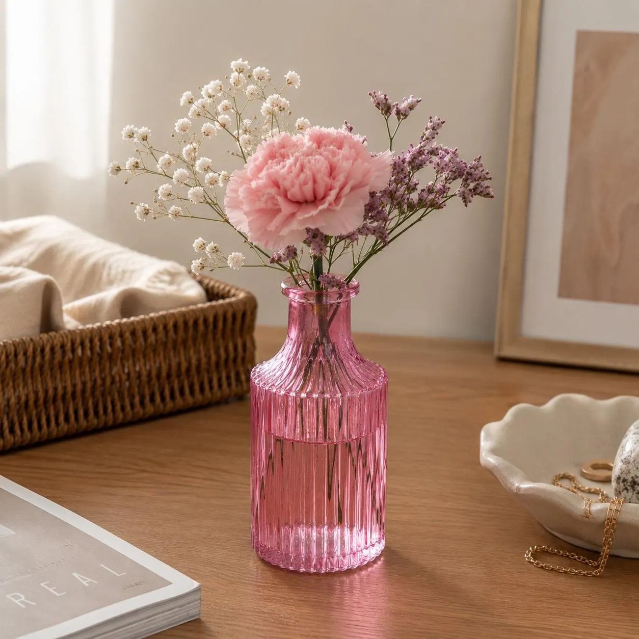 Glasvase Pink Kleine Glasvase Pink mit Rillenmuster - Blumenvase 15 cm – Bild 1