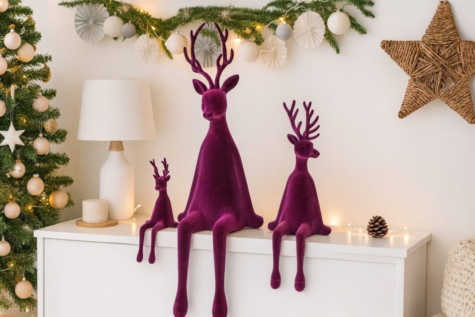 Beflockter Hirsch Kantenhocker in Pflaume – Rentierfigur samtig - Weihnachtsdeko edel