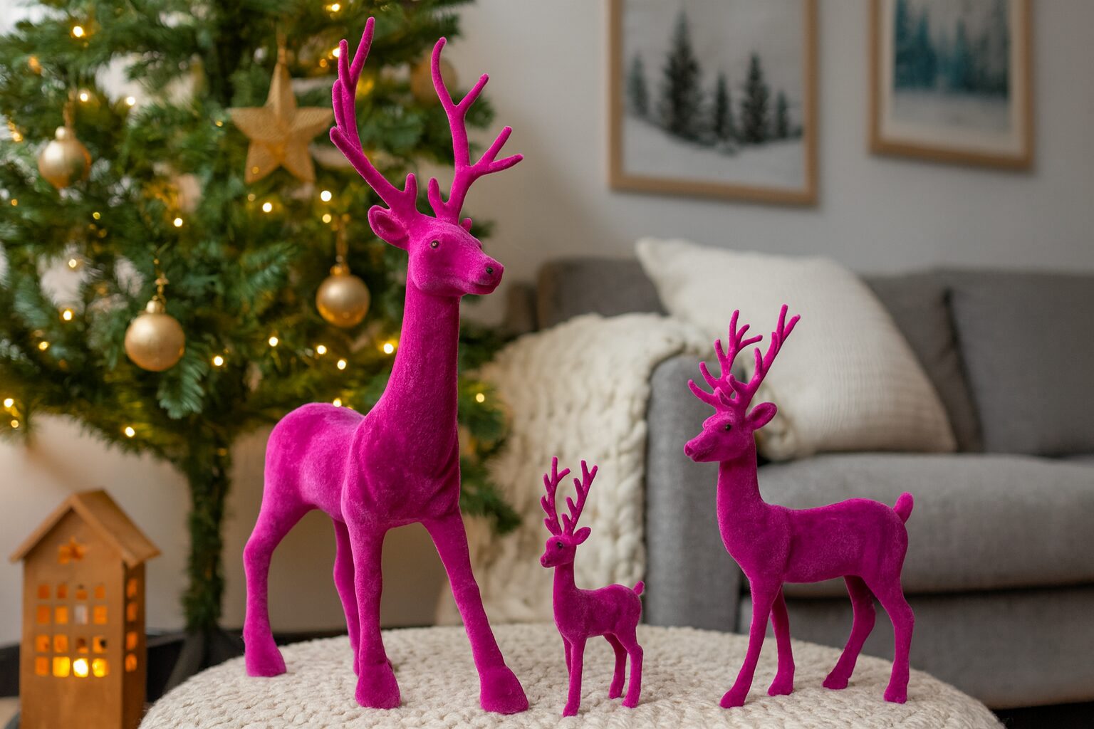 Beflockte Hirsche, Rentierfigur Weihnachten – Deko Hirsch stehend - Weihnachtsdeko 4 Farben