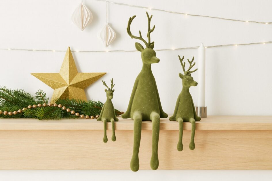 Beflockter Hirsch Kantenhocker in Grün – Rentierfigur samtig - Weihnachtsdeko edel