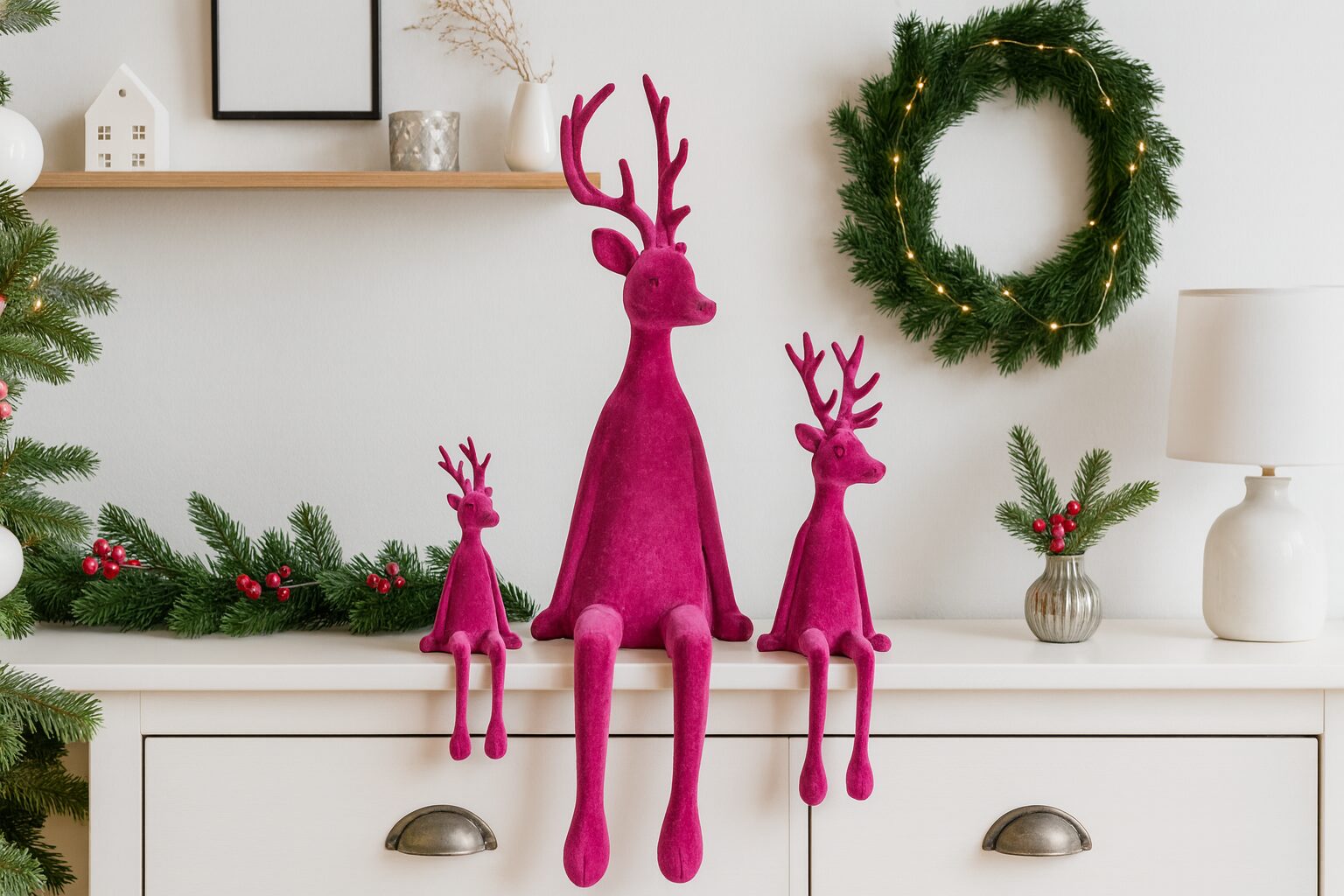 Beflockter Hirsch Kantenhocker in Pink – Rentierfigur samtig - Weihnachtsdeko edel