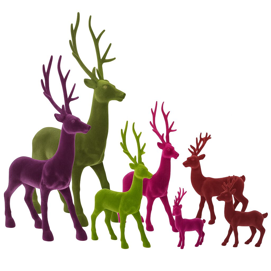 Beflockte Hirsche, Rentierfigur Weihnachten – Deko Hirsch stehend - Weihnachtsdeko 4 Farben