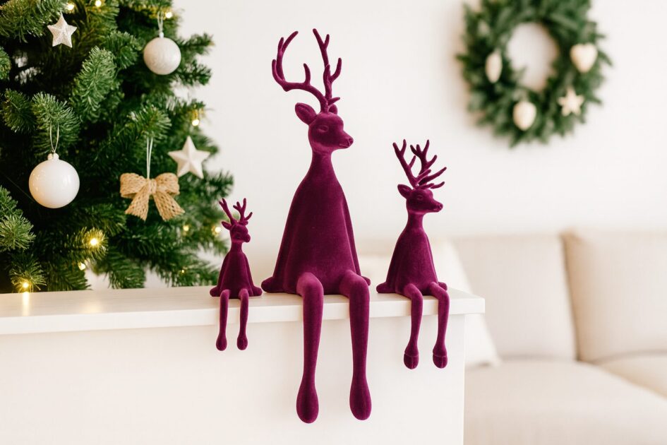 Beflockter Hirsch Kantenhocker in Pflaume – Rentierfigur samtig - Weihnachtsdeko edel
