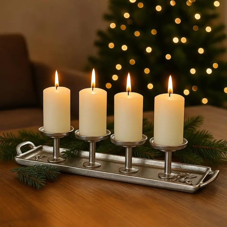 Advent Kerzenhalter Metall für 4 Stumpenkerzen - Adventskranz Tablett Silber