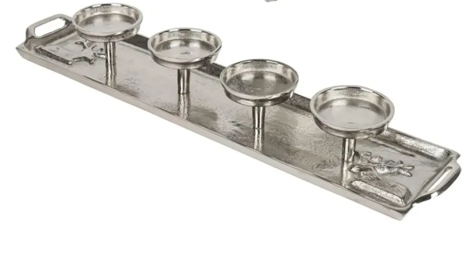 Advent Kerzenhalter Metall für 4 Stumpenkerzen - Adventskranz Tablett Silber