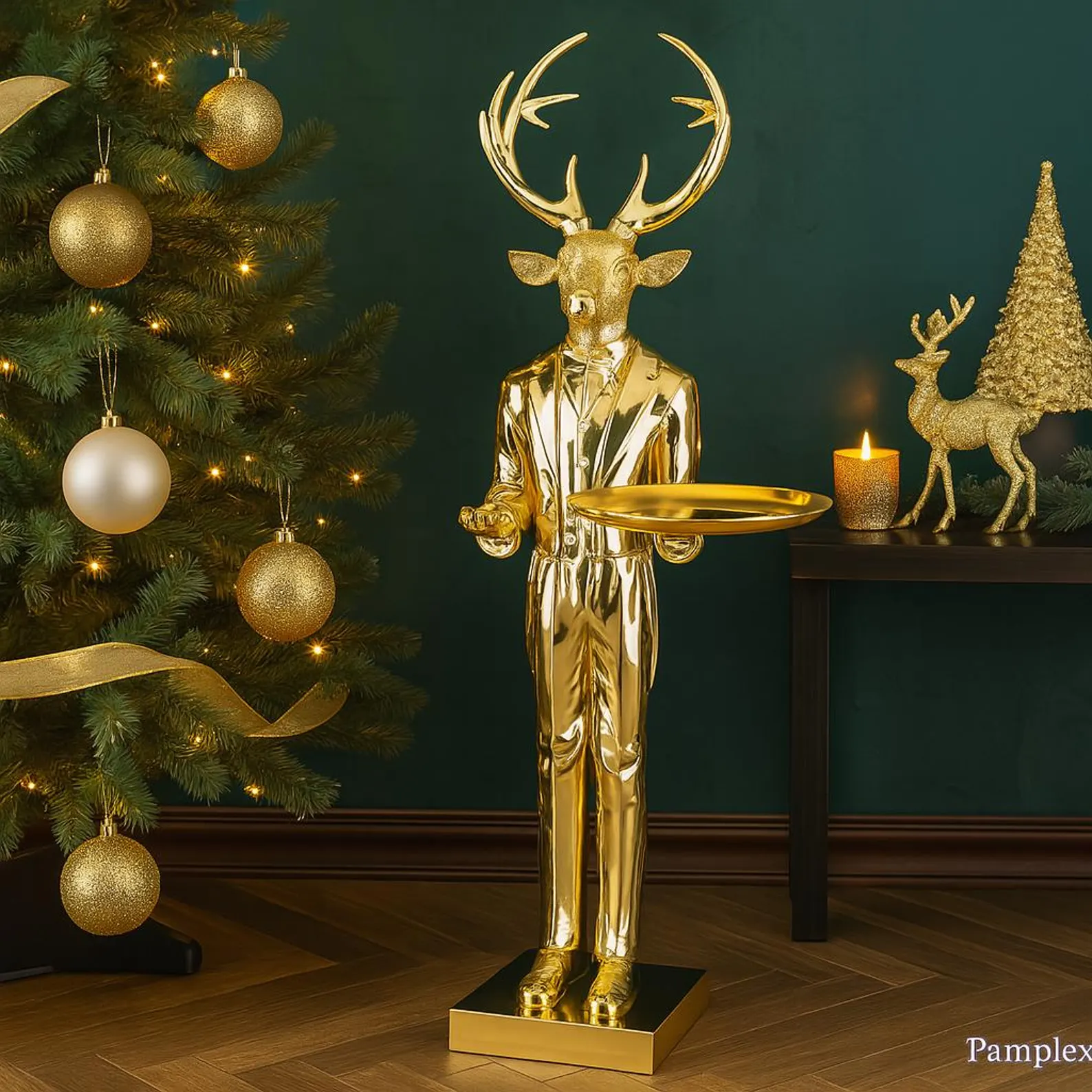 Goldener Hirsch Butler mit Tablett – elegante Weihnachtsdeko Figur 97 cm