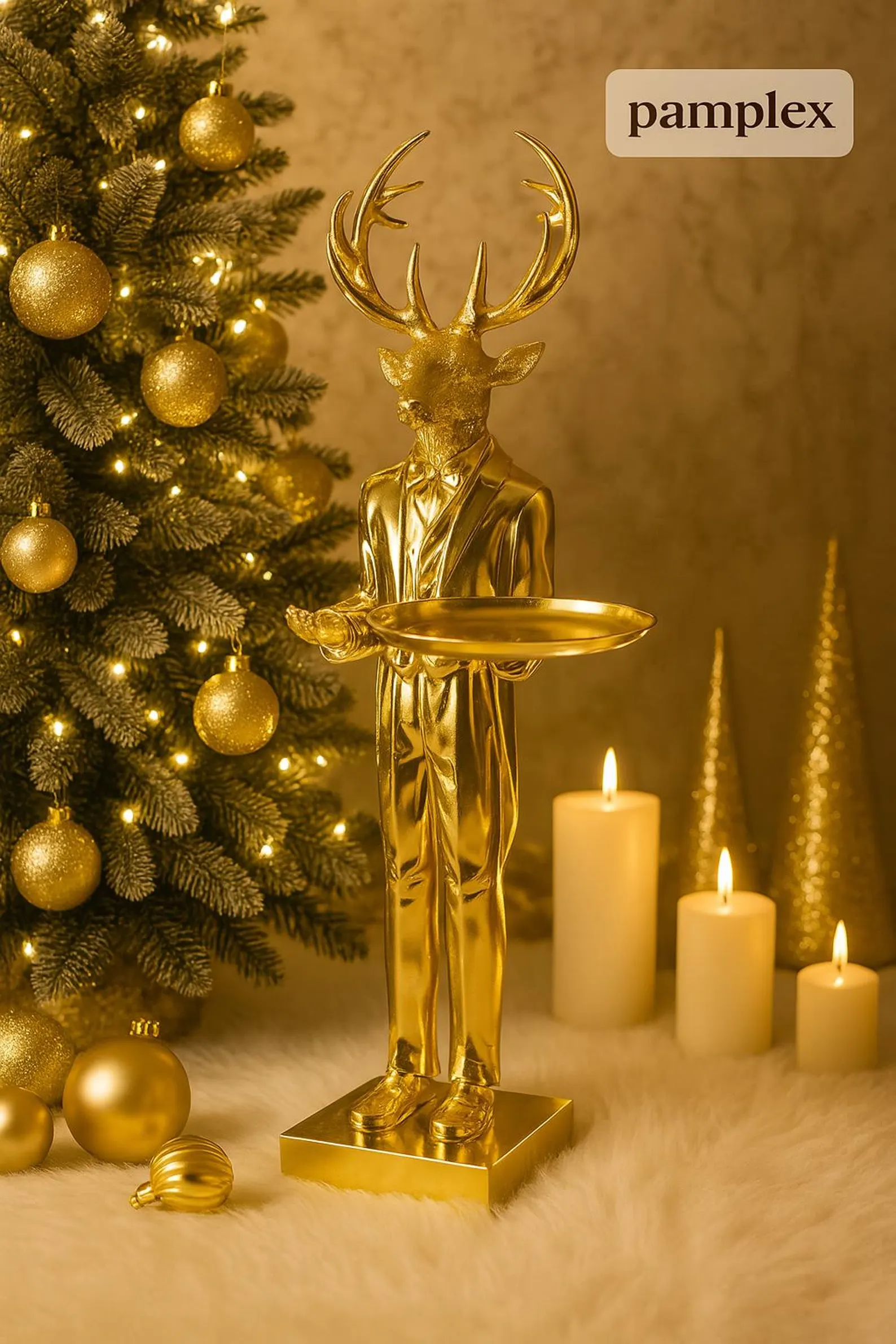 Goldener Hirsch Butler mit Tablett – elegante Weihnachtsdeko Figur 97 cm
