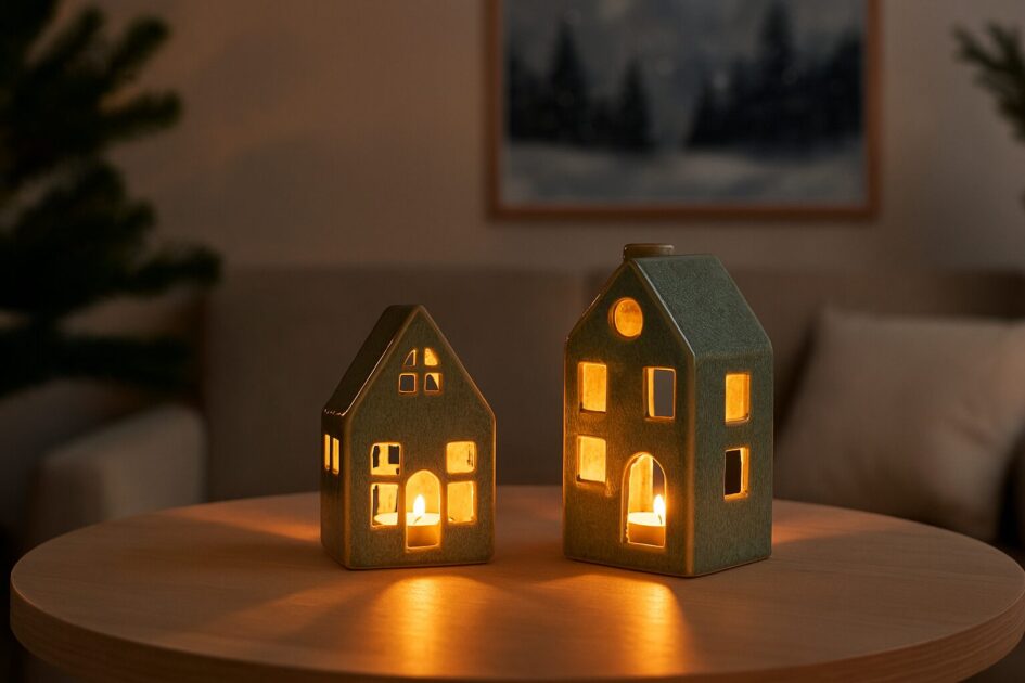 Teelichthaus, Haus für Teelichter - Lichthaus Weihnachten - Keramik Haus grün - 2 Größen