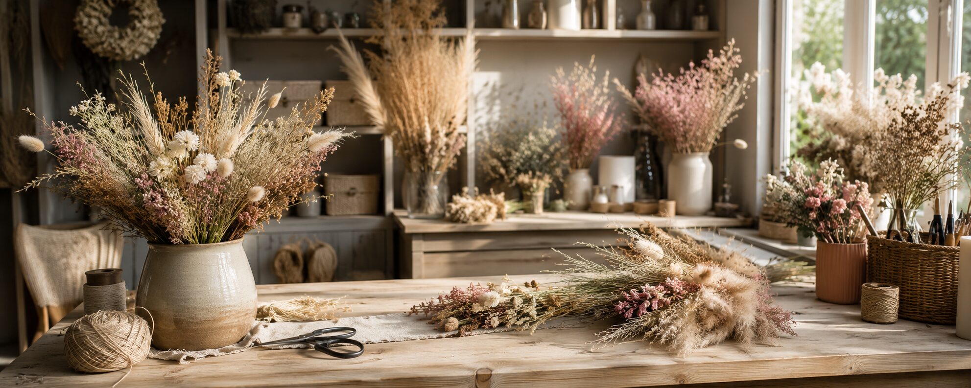 Floristik-Arbeitstisch mit Trockenblumen, Vasen und Naturdekoration in der PAMPLEX Werkstatt