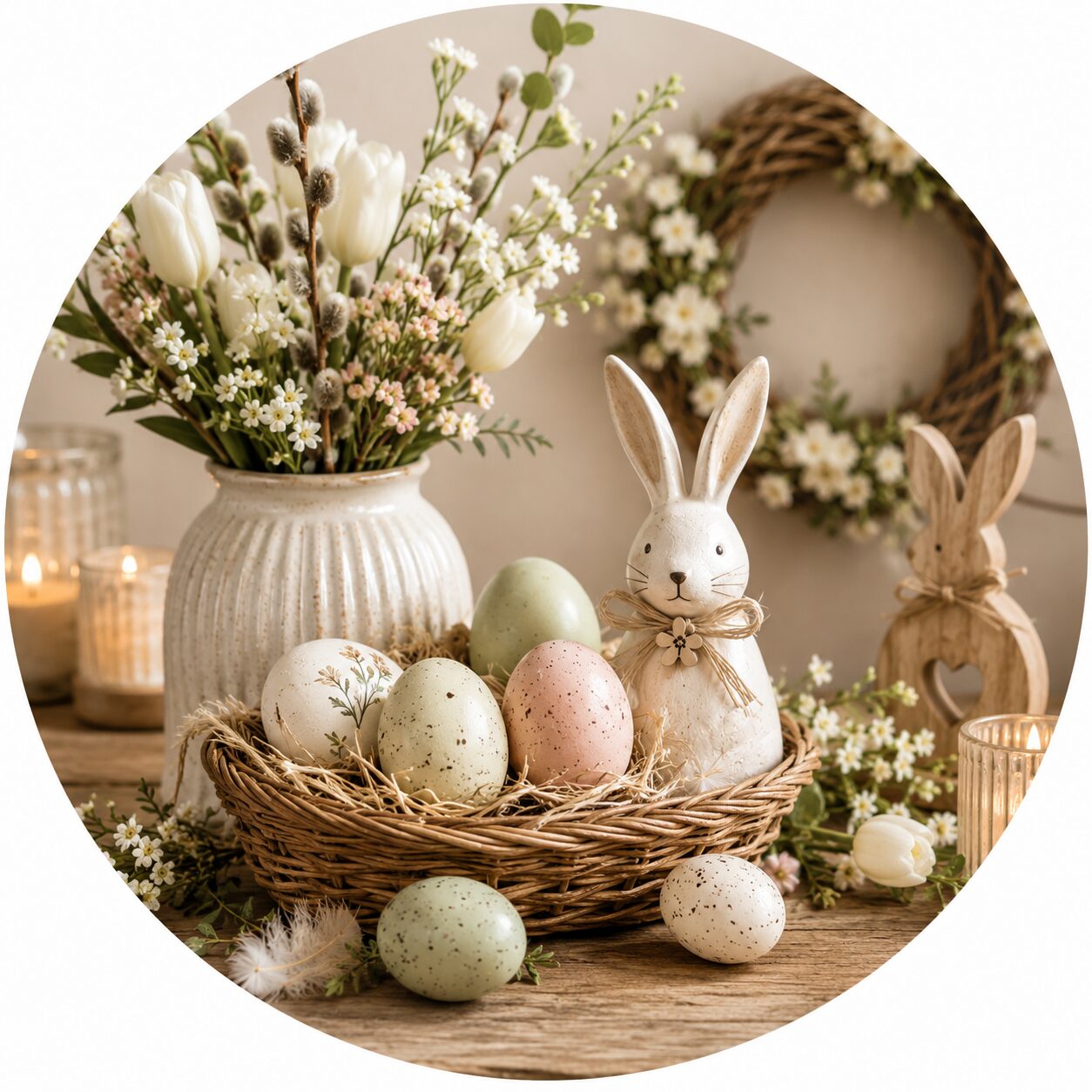 Natürliche Osterdekoration mit Osterhase, Ostereiern, Frühlingsblumen und Osterkranz auf einem dekorierten Tisch.