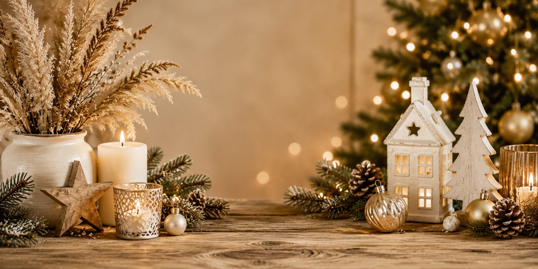 Stimmungsvolle Weihnachtsdekoration mit Trockenblumen, Kerzen, Windlicht, Holzhaus und Weihnachtsbaum.