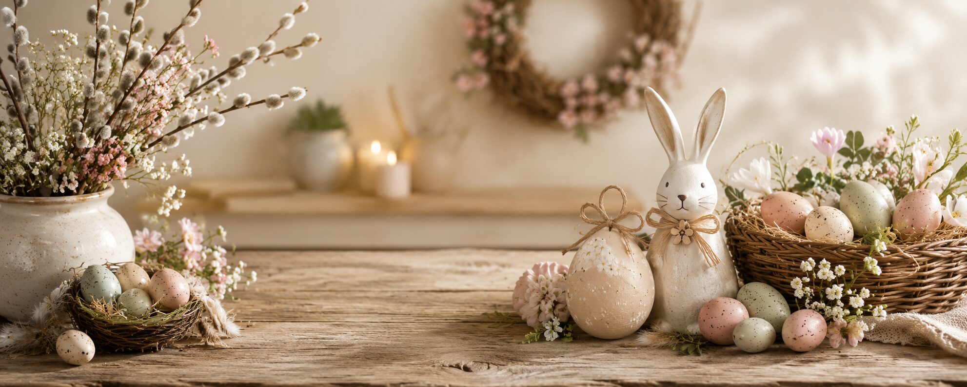 Natürliche Osterdekoration mit Osterhase, Ostereiern, Frühlingsblumen und Osterkranz in gemütlicher Wohnatmosphäre.
