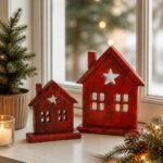 Holzhaus Weihnachten Rot – Weihnachtsdeko Haus aus Holz mit Stern | 2 Größen oder Set