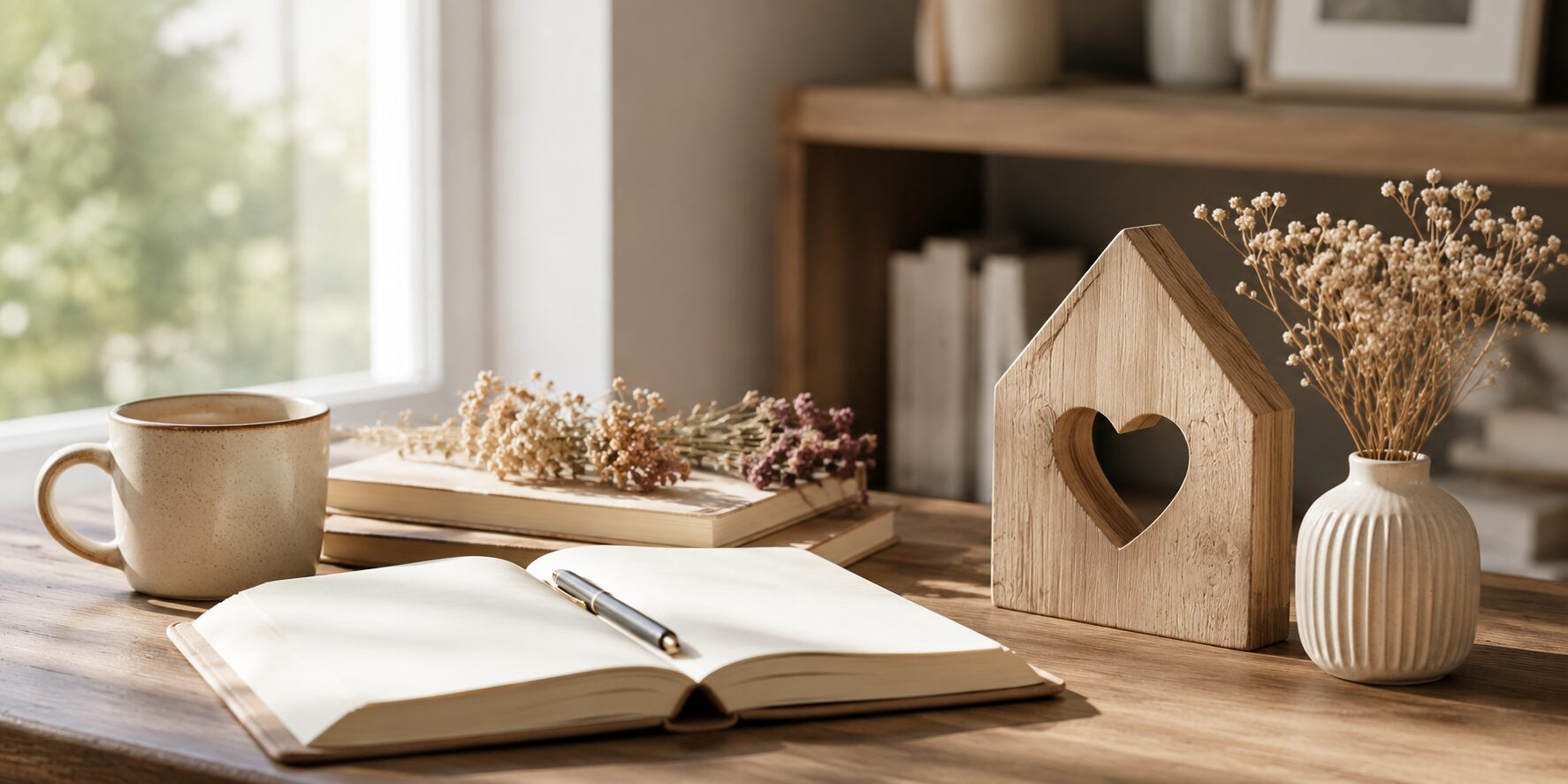 Gemütlicher Arbeitsplatz mit Notizbuch, Holzdeko und Trockenblumen als Symbol für Deko-Ratgeber und Wohninspiration.