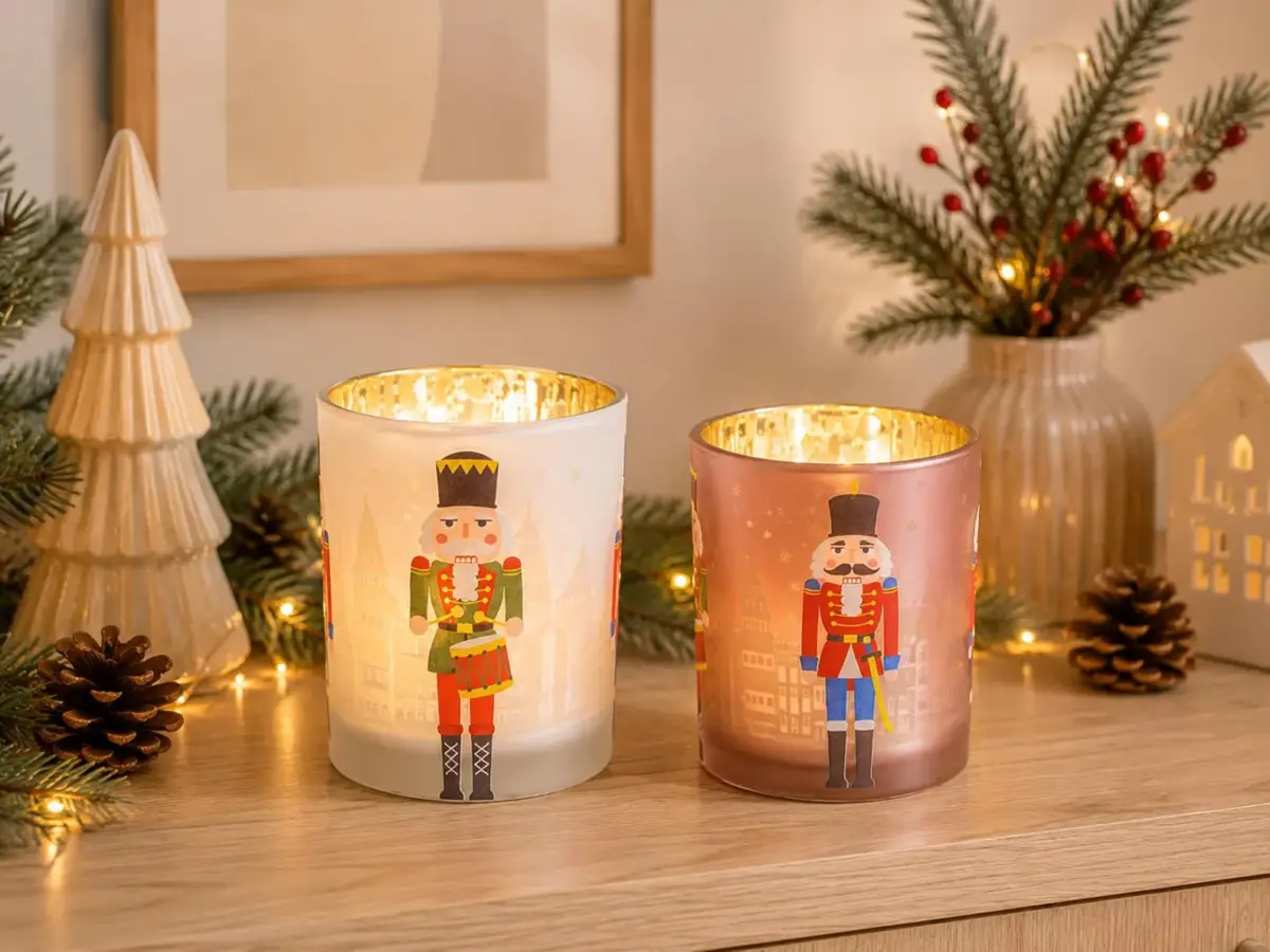 Nussknacker Teelichthalter Weihnachten – Glas Windlicht in Weiß oder Rosa, 3 Größen