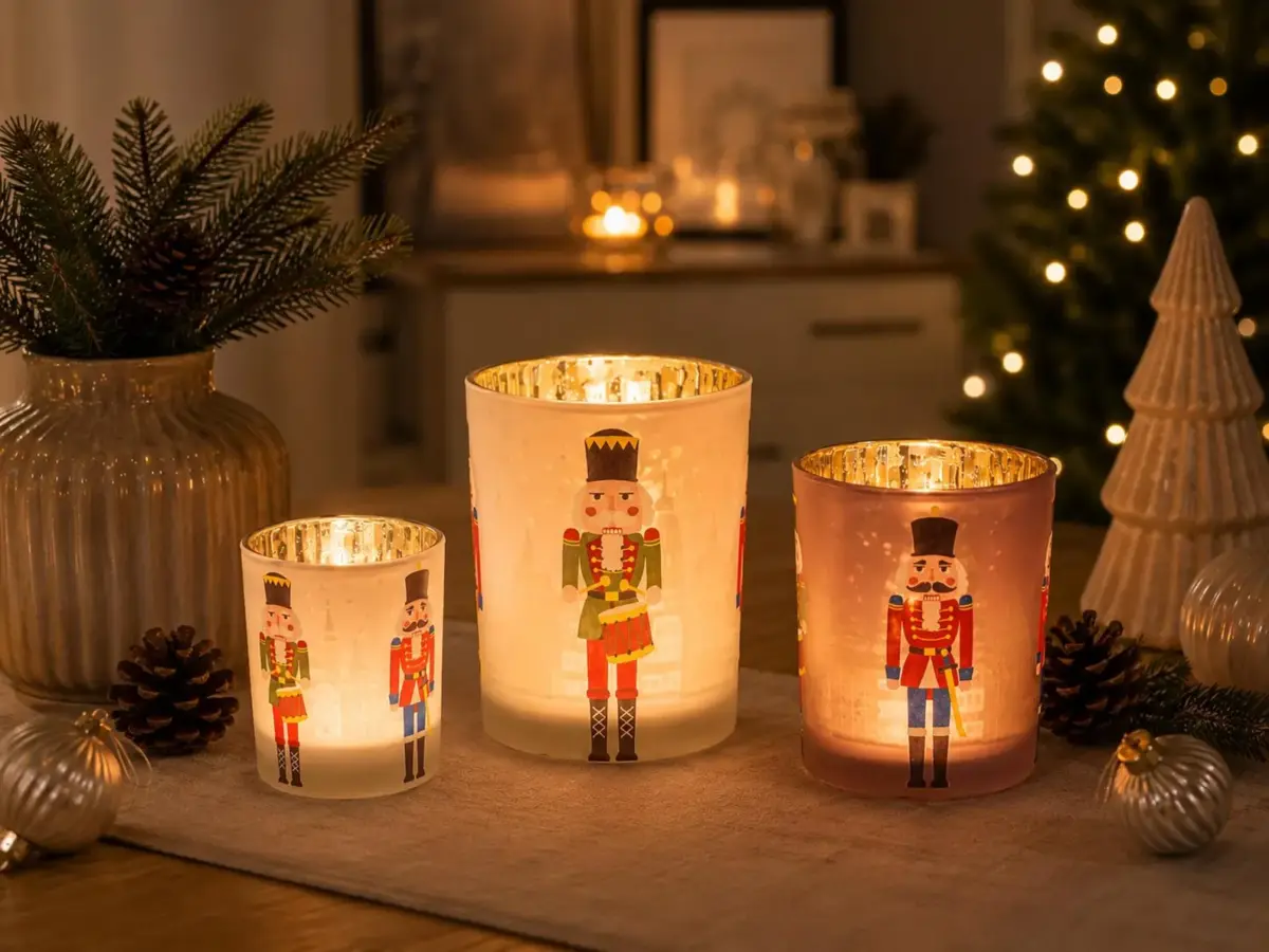 Nussknacker Teelichthalter Weihnachten – Glas Windlicht in Weiß oder Rosa, 3 Größen