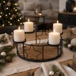 Adventskranz Metall Schwarz mit Holzboden – Adventskerzenhalter für 4 Stumpenkerzen | Tischkranz Weihnachten