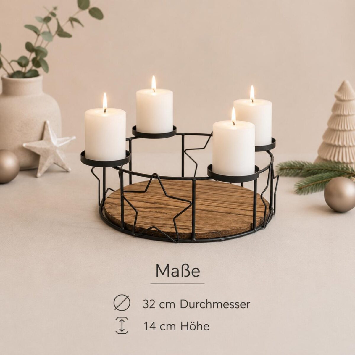 Adventskranz Metall Schwarz mit Holzboden – Adventskerzenhalter für 4 Stumpenkerzen | Tischkranz Weihnachten