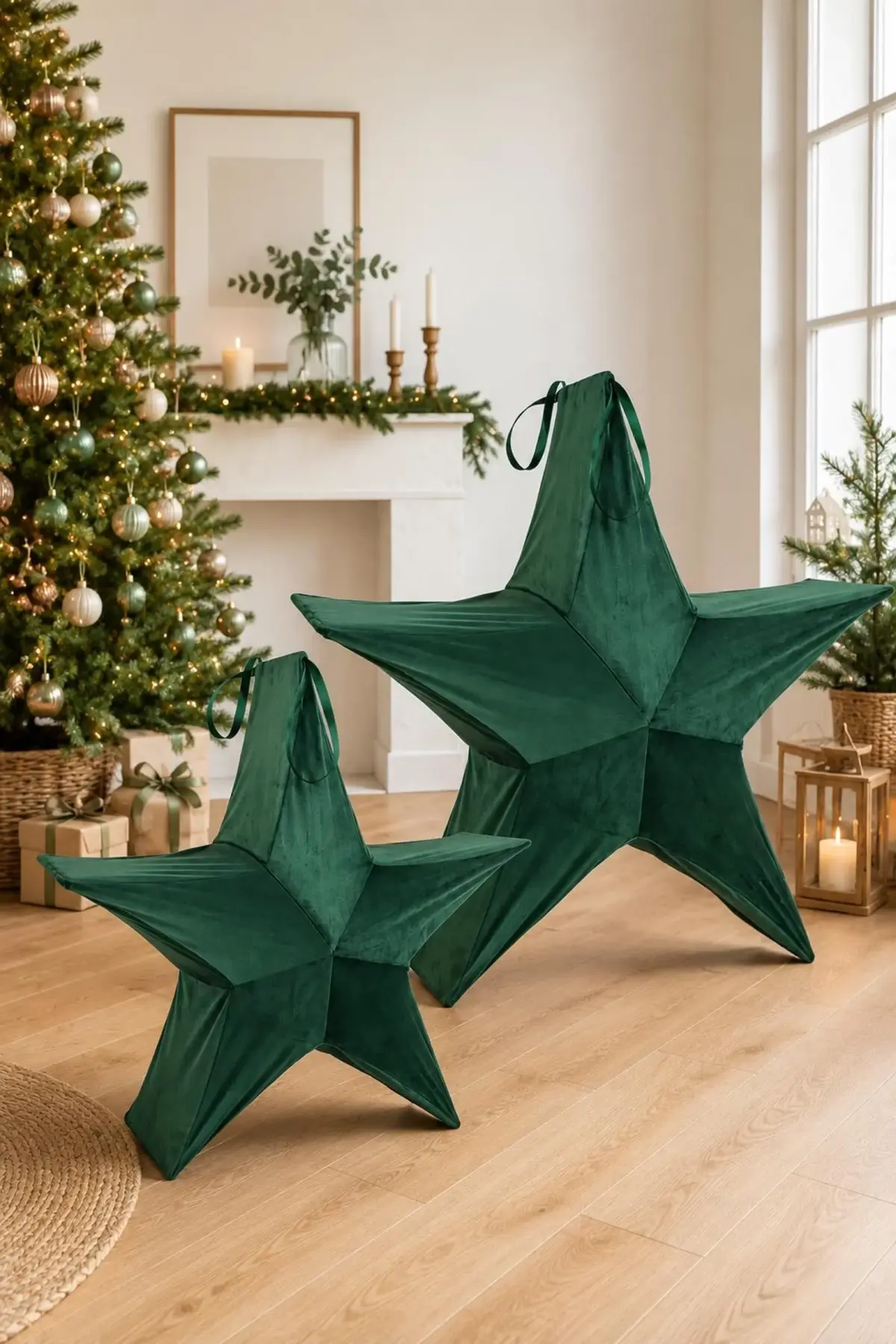 Deko Stern Samt Dunkelgrün – Weihnachtsstern Aufsteller klappbar, Adventsdeko, Weihnachtsdeko, 2 Größen