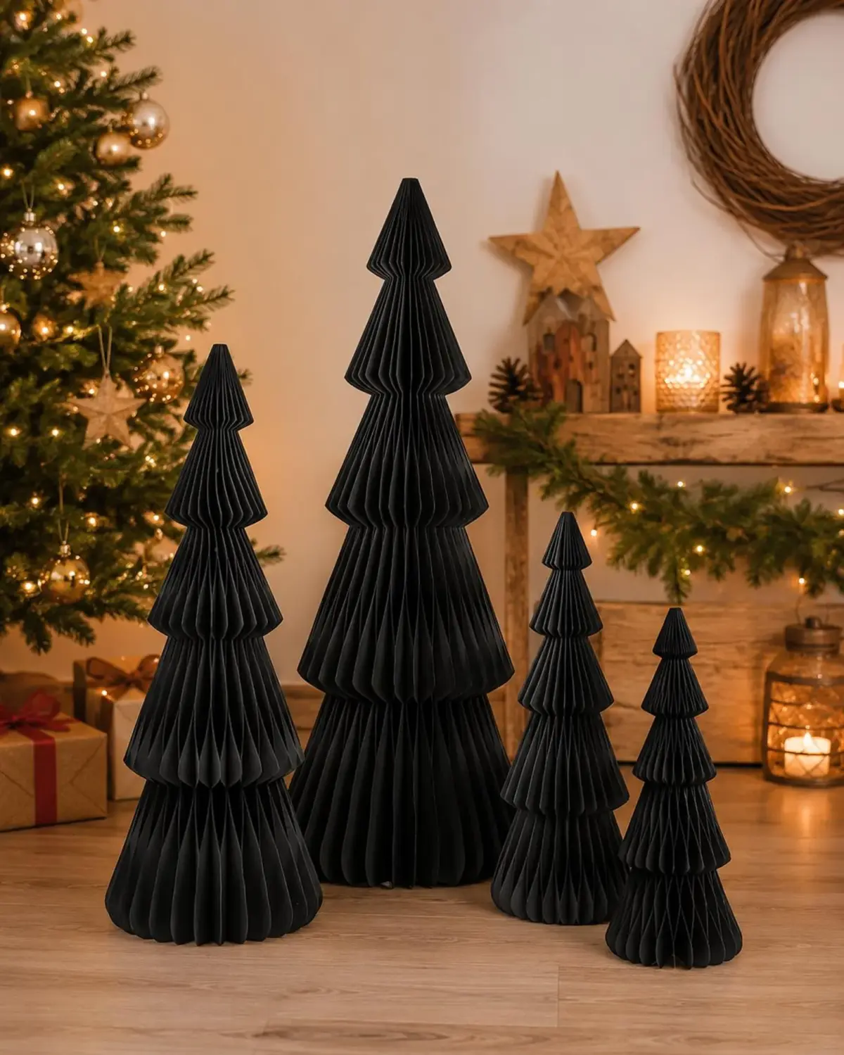 Papier Weihnachtsbaum Schwarz – Faltbarer Dekobaum mit Magnet, nachhaltige Weihnachtsdeko, 4 Größen