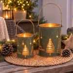 Weihnachtslaterne Tannenbaum – Metall Windlicht in Grün & Gold | Adventsdeko, 2 Größen