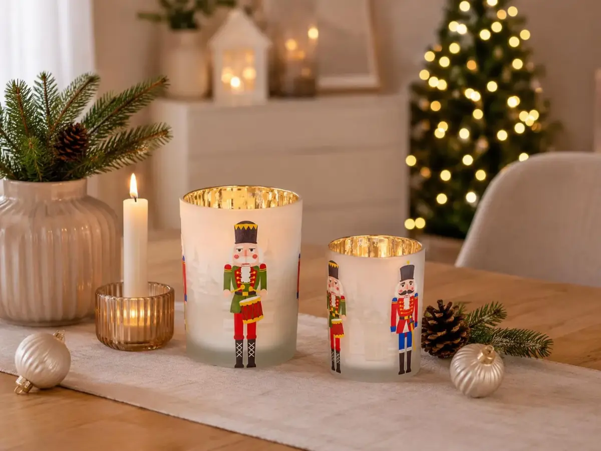 Nussknacker Teelichthalter Weihnachten – Glas Windlicht in Weiß oder Rosa, 3 Größen