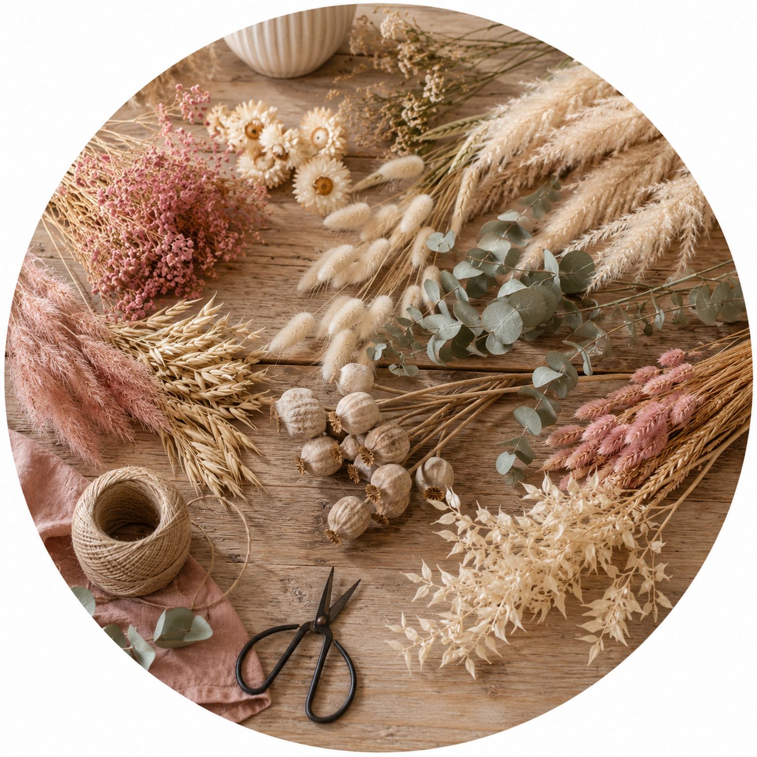 Getrocknete Blumen und Gräser für kreative Dekorationen, DIY-Projekte, Hochzeiten und moderne Wohnideen im Naturstil.