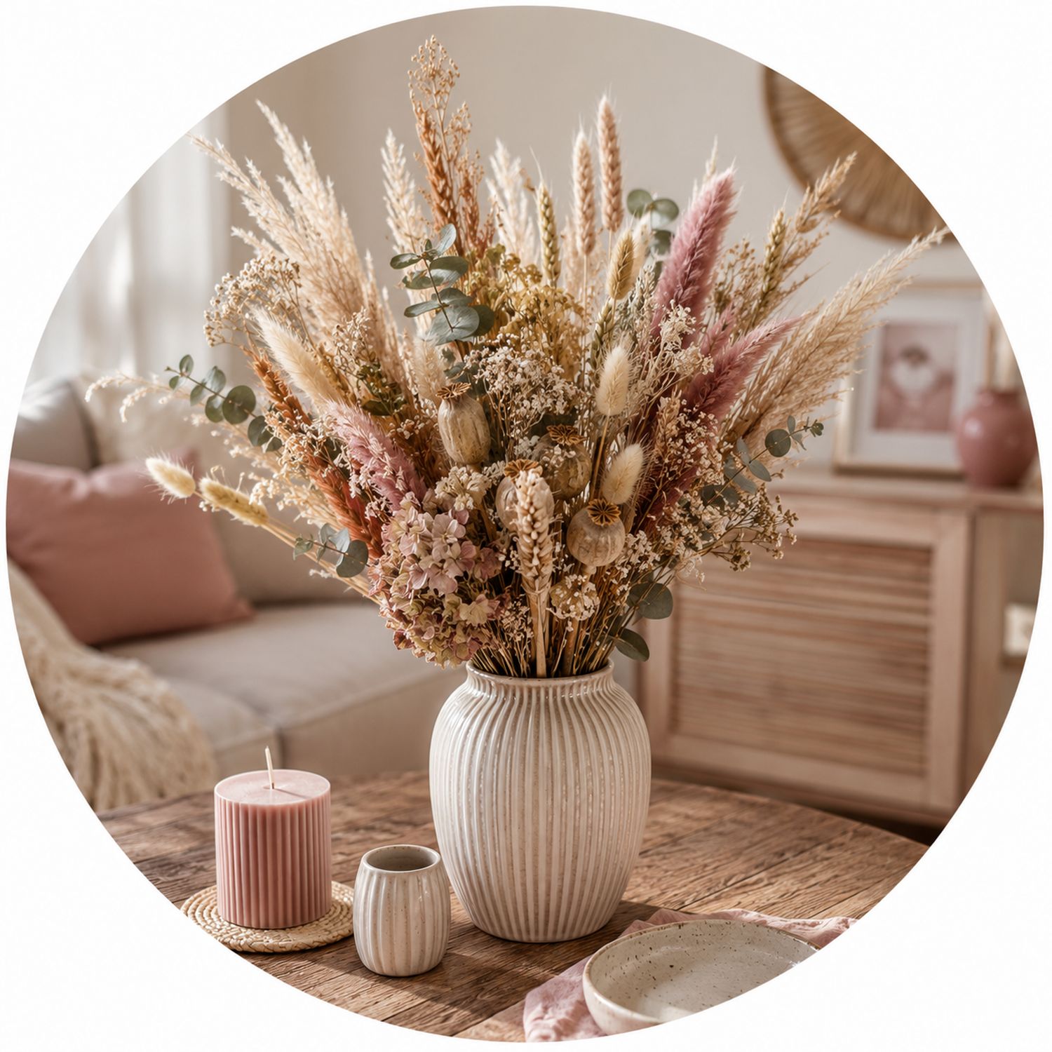 Trockenblumenstrauß im Boho-Stil mit Pampasgras, Lagurus und Eukalyptus in einer Keramikvase als natürliche Wohndekoration.