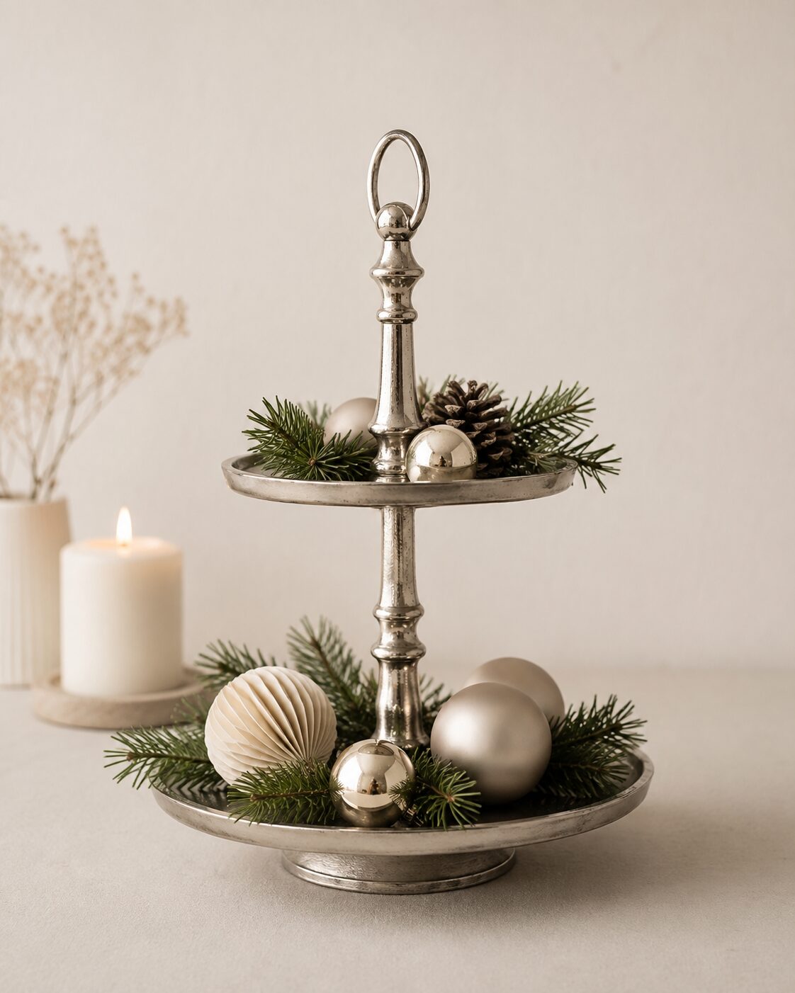 silberne Etagere Aluguss Etagere Silber mit 2 Ebenen – Dekorative Tisch-Etagere 38 cm – Bild 1