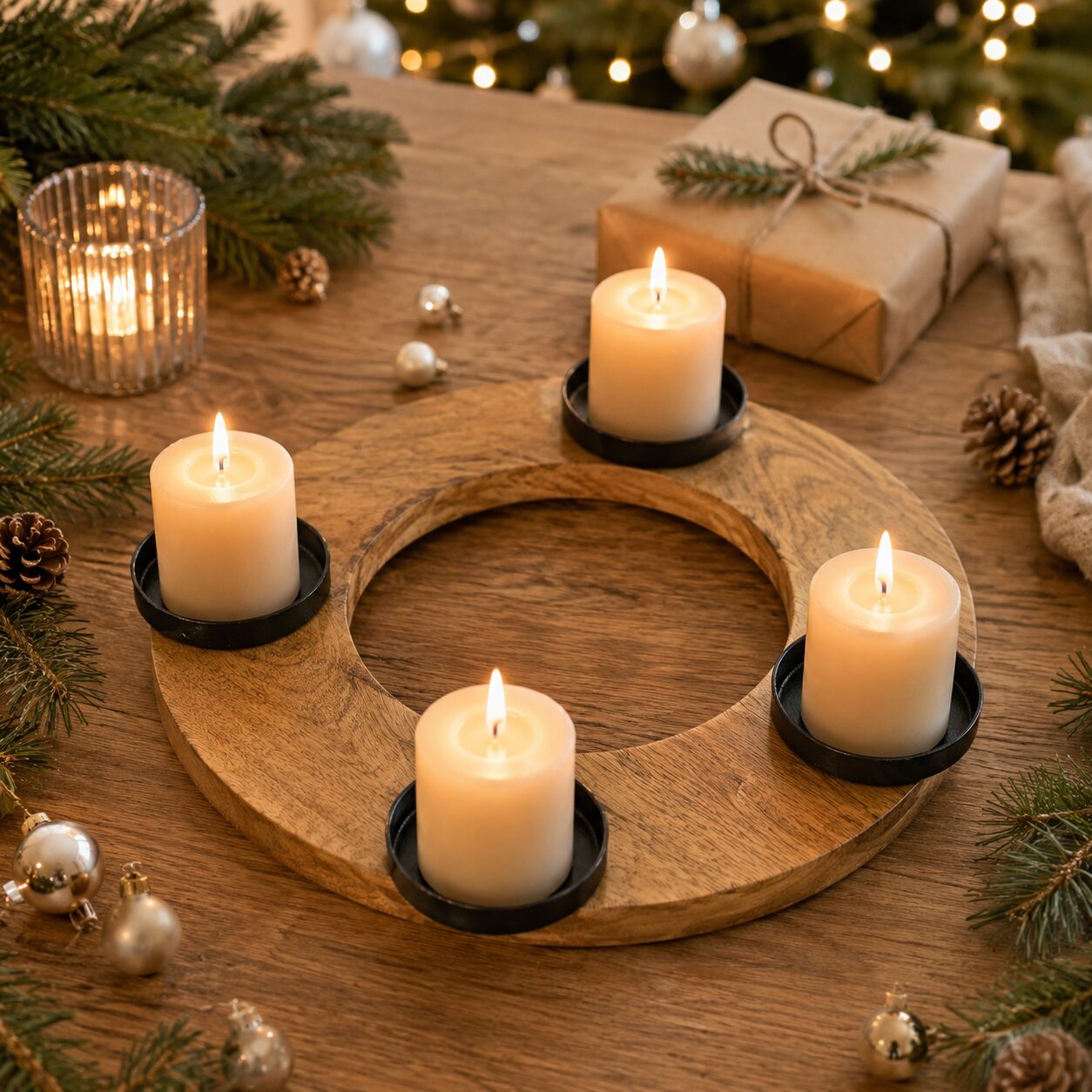 Adventskranz Holz Adventskranz Holz – Moderner Adventteller mit Kerzenhaltern in Schwarz | Adventsdeko Weihnachten | 2 Größen – Bild 1