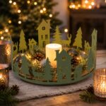 Holz-Dekoteller Winterlandschaft aus Metall – Mattgrün – Ø 25 × H 11 cm