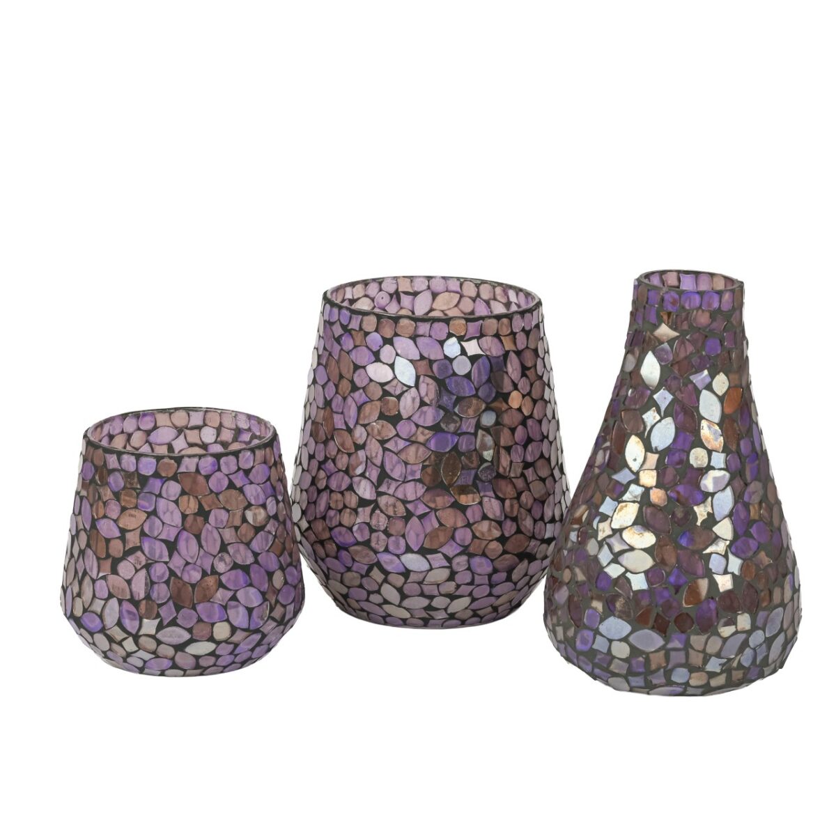 Glas Mosaik Deko Lila, Windlichter und Vase einzeln oder als Dreierset erhältlich, elegante Tischdeko für Wohnzimmer und Weihnachtsdeko