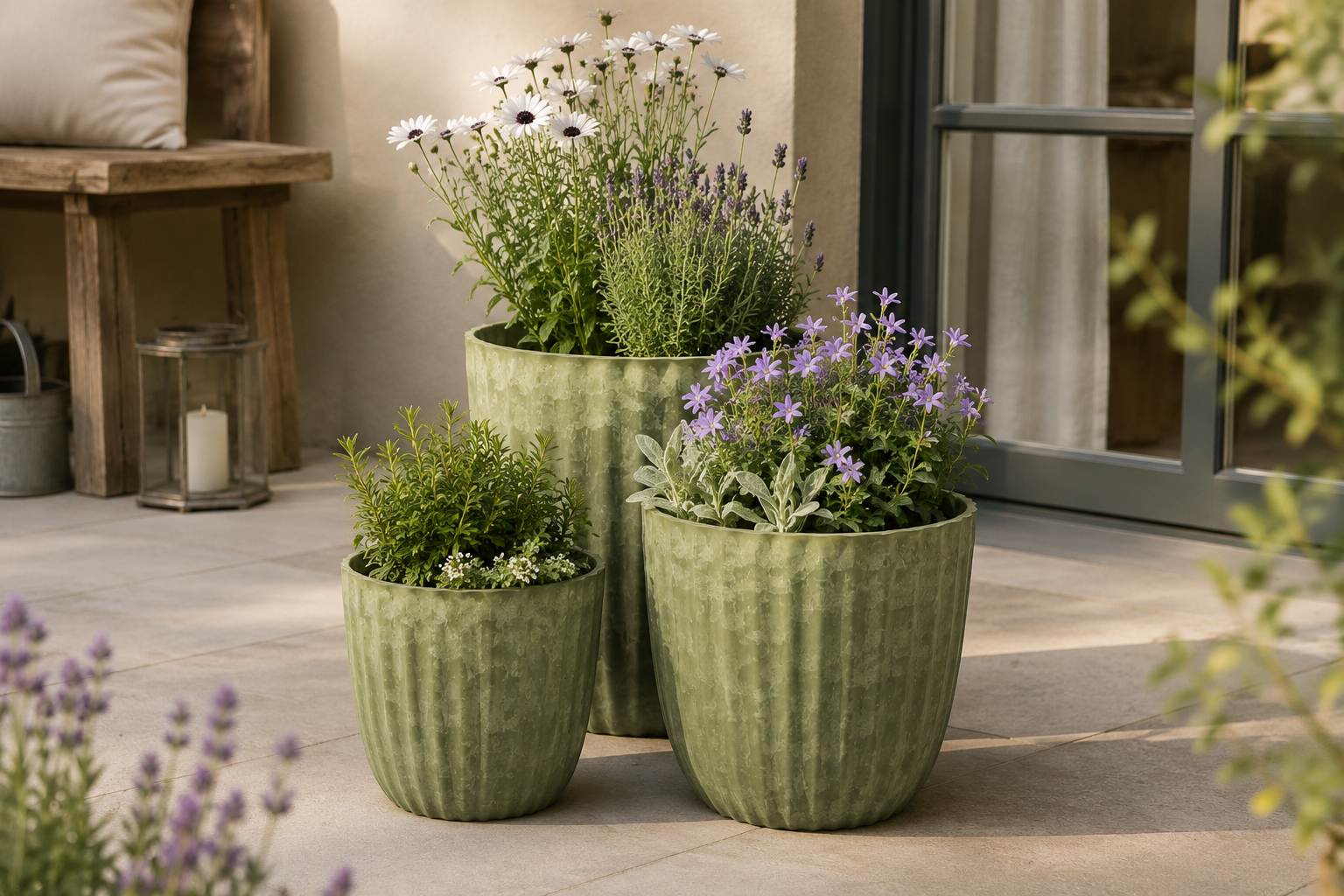 Blumentopf Grün Blumentopf Grün gerillt – Moderner Pflanztopf & Übertopf für Garten, Balkon und Terrasse – 3 Größen – Bild 1