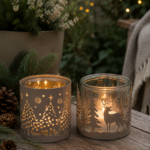Windlicht Weihnachten Metall grau matt – Teelichthalter mit Glas, Hirsch & Tannenbaum